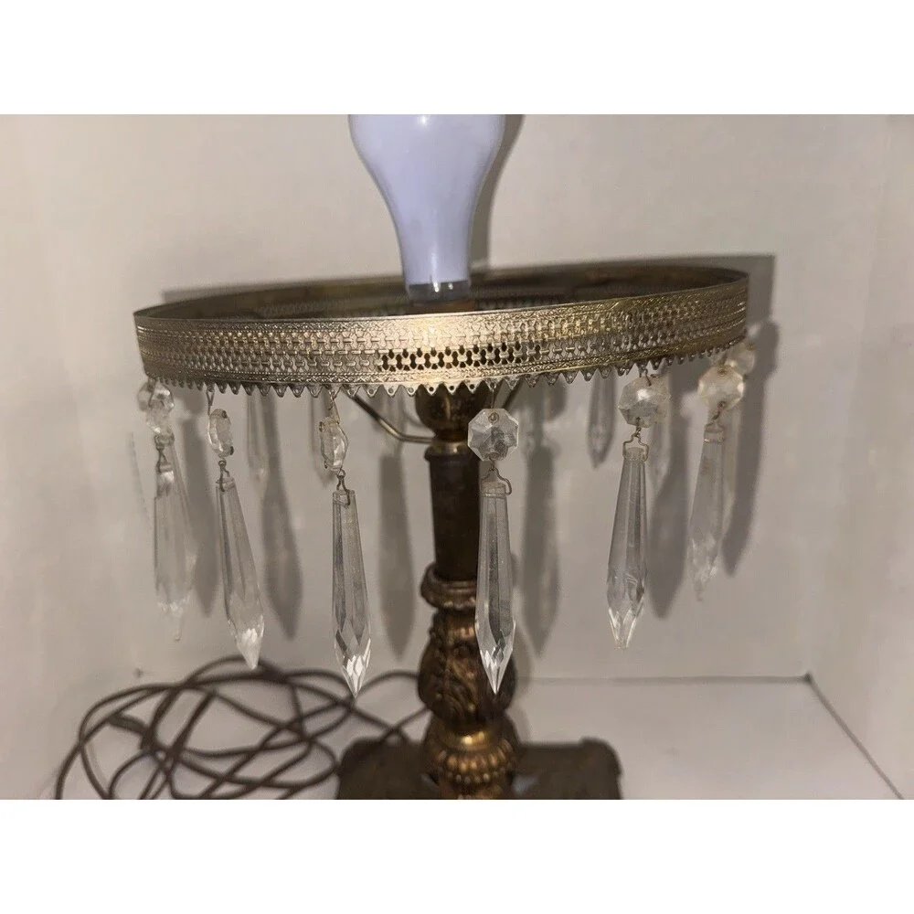 Vintage Art Deco Crystal Prisms Boudoir Table Lamp Cast Iron Bronze Tone 20s 30s